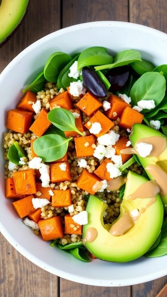 A colorful quinoa and sweet potato bowl with roasted sweet potatoes, quinoa, spinach, avocado, and feta cheese on a wooden table.
